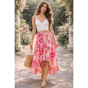 Boho‎ Tropical Summer Pink Floral Nicole Miller Button Front Hi Lo Midi S Skirt